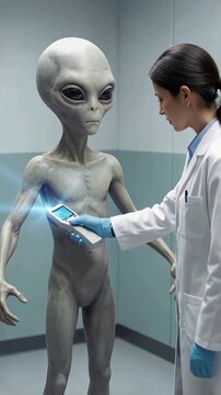 Female scientist scanning grey alien with handheld medical device in laboratory. Clinical examination of extraterrestrial being in sterile facility. Static medium shot.