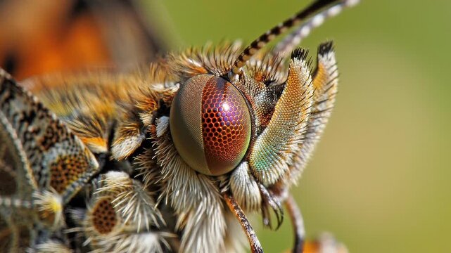 Detailed Macro View of a Butterfly's Compound Eye Showing Intricate Facets and Hairy Antennae against Soft Green Background