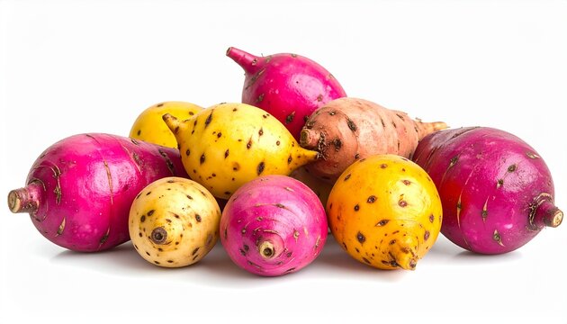 Oca is a colorful, small tuber in pink, yellow, red.