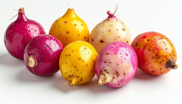 Oca is a colorful, small tuber in pink, yellow, red.