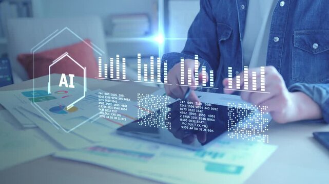 Artificial intelligence AI finance stock market data analysis machine learning. Business big data analytics, digital transformation technology, smart computer system, and futuristic network innovation