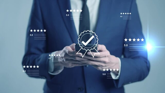 Online rating and customer feedback system on a digital interface, best service quality with 5.0 rating and guarantee satisfaction icon, product certification, ISO standards, and top-quality service