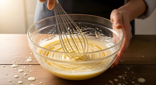 Hands whisking a creamy yellow batter in a clear glass bowl on a wooden table with splatters around ideal for cooking blogs and recipe websites