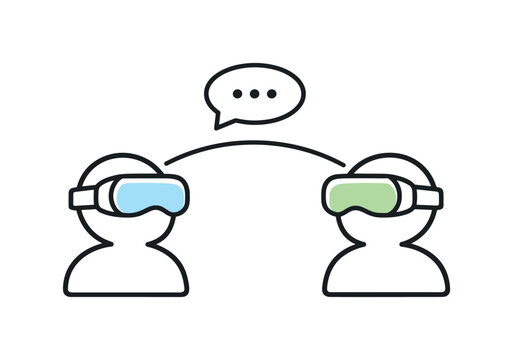 Social virtual reality interaction and multiplayer cooperation enhancing communication and shared fun in digital spaces, two clean avatar figures wearing headsets linked by a thin