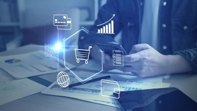 Digital marketing online shopping and fintech payment. Mobile banking app, e-commerce market, virtual credit card, internet retail business, smart wallet technology, and global trade network.