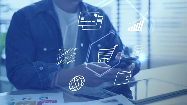 Digital marketing online shopping and fintech payment. Mobile banking app, e-commerce market, virtual credit card, internet retail business, smart wallet technology, and global trade network.