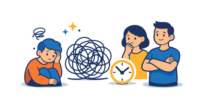 Information overload and difficulty prioritizing tasks in fast-paced digital lifestyles centered on regaining focus and confidence, three flat abstract characters gathered near a
