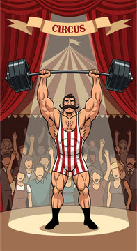 Circus strongman lifting heavy barbell, vintage circus style vector