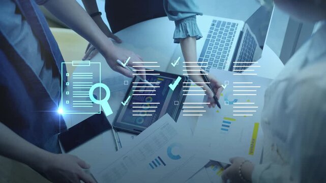 AI data processing and digital document analysis. Business information management, smart checklist verification, automated audit system, searching technology, and intelligent workflow concept.