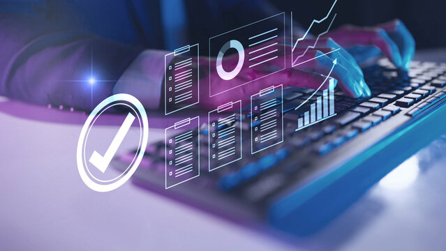 Digital document management and quality check. Business data analysis, audit verification checklist, approved standard compliance, smart system automation, and certified information concept