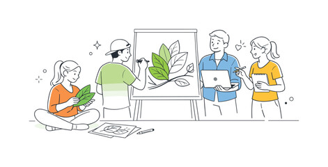 Fototapeta premium A natural design concept where a team prepares botanical foliage elements for modern packaging, branding, and eco themed visual storytelling projects, visual metaphor of layered