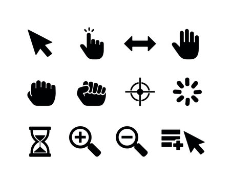 Digital pointer interface icons: mouse arrow pointer, hand click pointer, double arrow resize cursor, drag grab cursor, drag grabbing cursor, precision crosshair pointer, loading