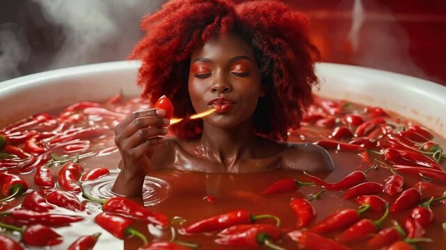 Black woman with red afro hair bathing in spicy chili pepper soup. Surreal scene of woman eating pepper and breathing fire. Panning camera movement.