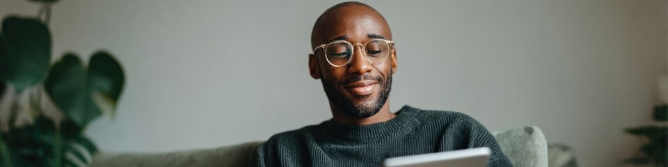 Fototapeta premium African male adult smiling with glasses using tablet on couch in casual home setting relaxed portrait