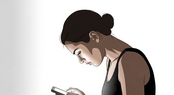 A woman in a black tank top looks at her phone with a focused expression
