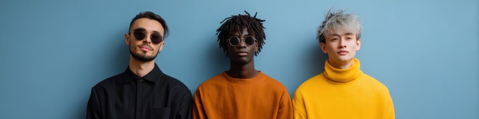 Fototapeta premium Three male diverse young adults caucasian african asian wearing sunglasses colorful shirts against blue wall stylish portrait