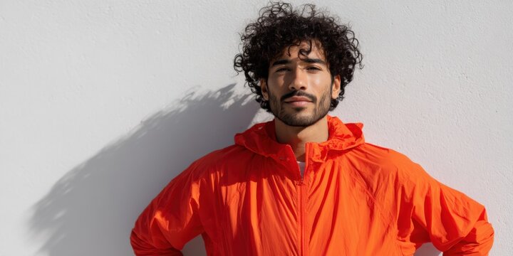 Closeup hispanic adult male wearing bright orange hooded windbreaker jacket against white wall facing camera confident expression