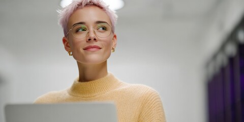 Naklejka premium Female caucasian young professional with short pink hair wearing glasses in data center using laptop confident it engineer network specialist