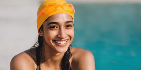 Naklejka premium Female asian young adult swimmer grinning at camera in yellow swim cap and goggles by pool shoulders visible