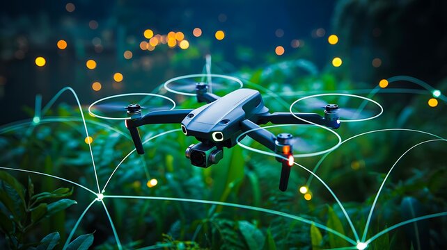 Drone flying over green grass with glowing network connections representing smart technology and modern communication