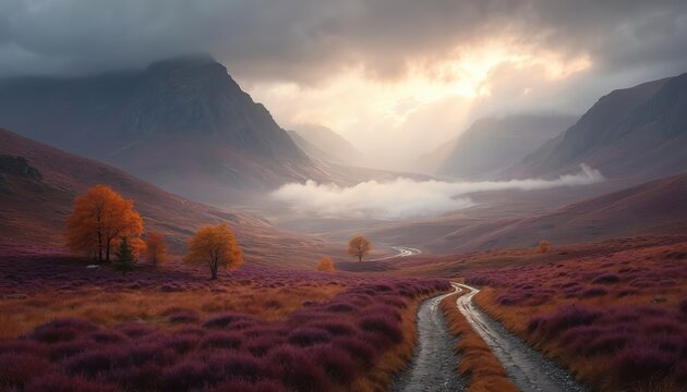 Misty Scottish Highlands valley with purple heather fields and autumn trees. A winding dirt road leads through the mountainous terrain under cloudy skies.