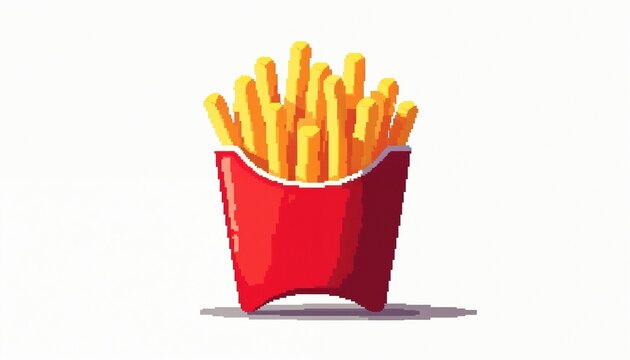 Pixel art illustration of french fries in red container. Golden potato sticks served hot in paper box. Tasty fast food snack portion isolated on white.