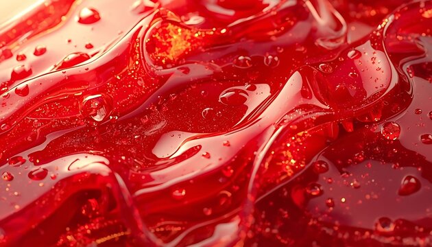 A close-up abstract view of glistening red liquid gel with subtle ripples and shimmering droplets on its surface.