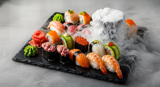 Large sushi platter on black slate with dry ice smoke vapor, Japanese cuisine sashimi nigiri set, oriental restaurant menu catering food background art, seafood display