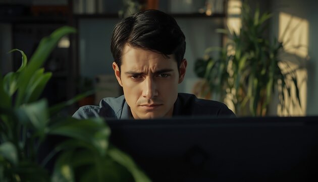 A young man with dark hair looks intensely and seriously at his computer screen in a focused close-up shot.