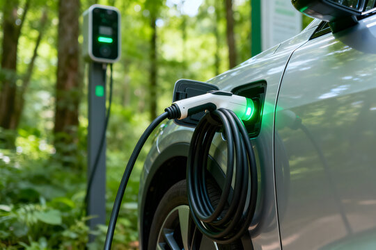 Eco-Friendly Charging: An electric car replenishes its power at a charging station nestled in a serene natural setting, symbolizing the embrace of sustainable transportation and a cleaner environment.