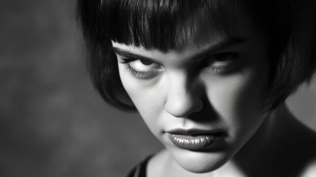 Portrait of a woman with a glamorous look, wearing a dark top and her mouth open as if in the middle of speaking.