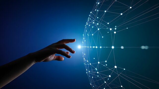 Human hand reaching digital network sphere with glowing connections representing technology innovation and future communication