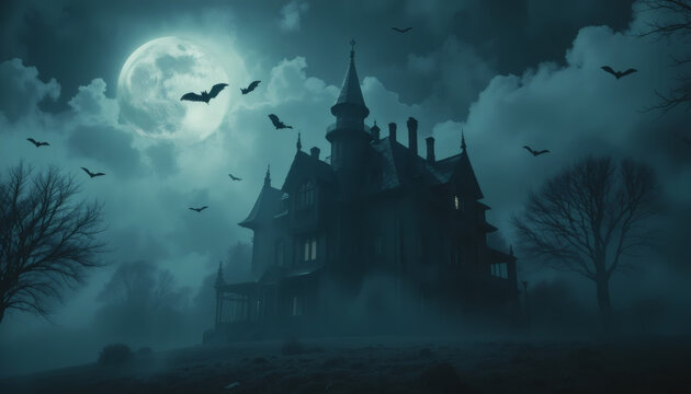A spooky Halloween night background featuring a haunted castle and house silhouette on a hill against a dark sky with a full moon, flying bats, and scary trees in a holiday vector illustration