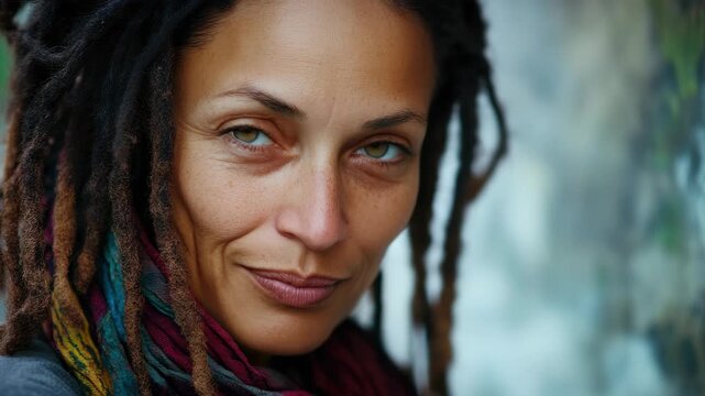 Stylized portrait of woman with dreadlocks and intense gaze
