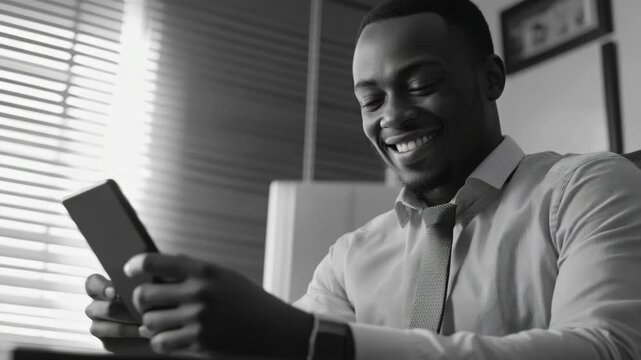 A man in a business suit looking at his smartphone with a smile on his face, symbolizing modern technology and the importance of communication in the professional world.