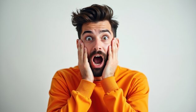 Man holds hands to face with mouth open wide. Eyes wide open, eyebrows raised in shock and disbelief. Intense facial expression of extreme surprise or sudden realization.