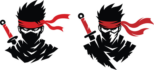 Ninja mascot logo with sword and red headband vector, modern ninja mascot with mask and sword vector set © Narayan