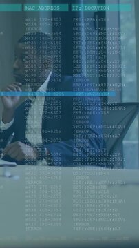 Listening man suit holding pen watching MAC ADDRESS overlay appearing at meeting table, copy space