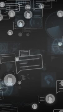 Streaming avatar and chat-bubble glyphs entering from edges, showing network activity over HUD map