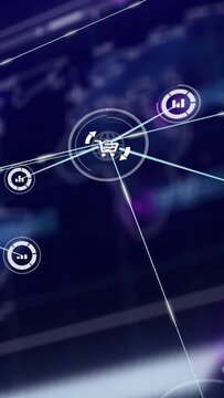 Purple hotspot pulsing dots sliding cart scaling lines linking dots showing retail over blurred map