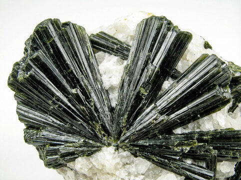 Dark green radiant hedenbergite crystals forming fan shaped splinters on a white crystalline quartz matrix.
