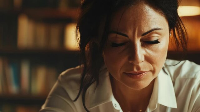A young woman with a serious expression, deep in thought at a table filled with books.