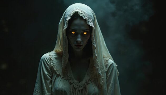 Woman with glowing eyes wears old dress and veil. Dark spooky background with mist suggests supernatural or horror theme. Eerie figure looks directly at camera.