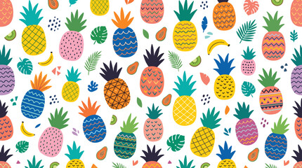 Fototapeta premium Contemporary seamless design featuring pineapples in varied hues and textures against a white backdrop, showcasing exotic tropical fruits in a fresh, juicy style, rendered as a colored hand‑drawn