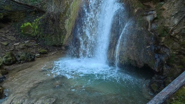 Close Side View of Forest Waterfall . Ozren Mountain, Sokobanja region (Ripaljka). Balkans, Serbia.