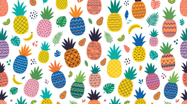 Contemporary seamless design featuring pineapples in varied hues and textures against a white backdrop, showcasing exotic tropical fruits in a fresh, juicy style, rendered as a colored hand‑drawn