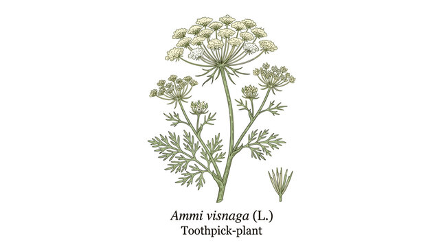 Hand‑drawn elegant flowers and leaves of Ammi visnaga, also known as toothpick plant, set against a white background. A beautiful flowering or wild plant. A natural botanical vector illustration