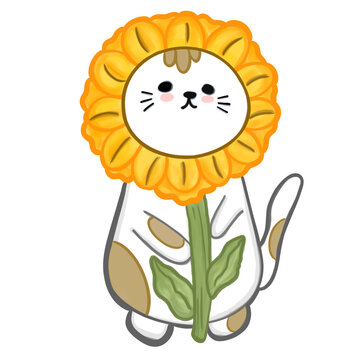 Cute cat with sunflower costume kawaii illustration, cartoon animal character