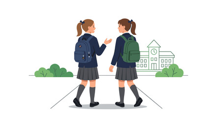 Obraz premium Two girls, possibly twin sisters, wearing school uniforms, walking side by side and chatting, shown from behind in a flat vector illustration