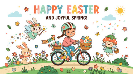 Naklejka premium Easter greeting card for children, featuring a spring holiday postcard design with a cute bunny, fairy rabbit, kawaii fairytale character, and a child on a bicycle carrying eggs, illustrated in a